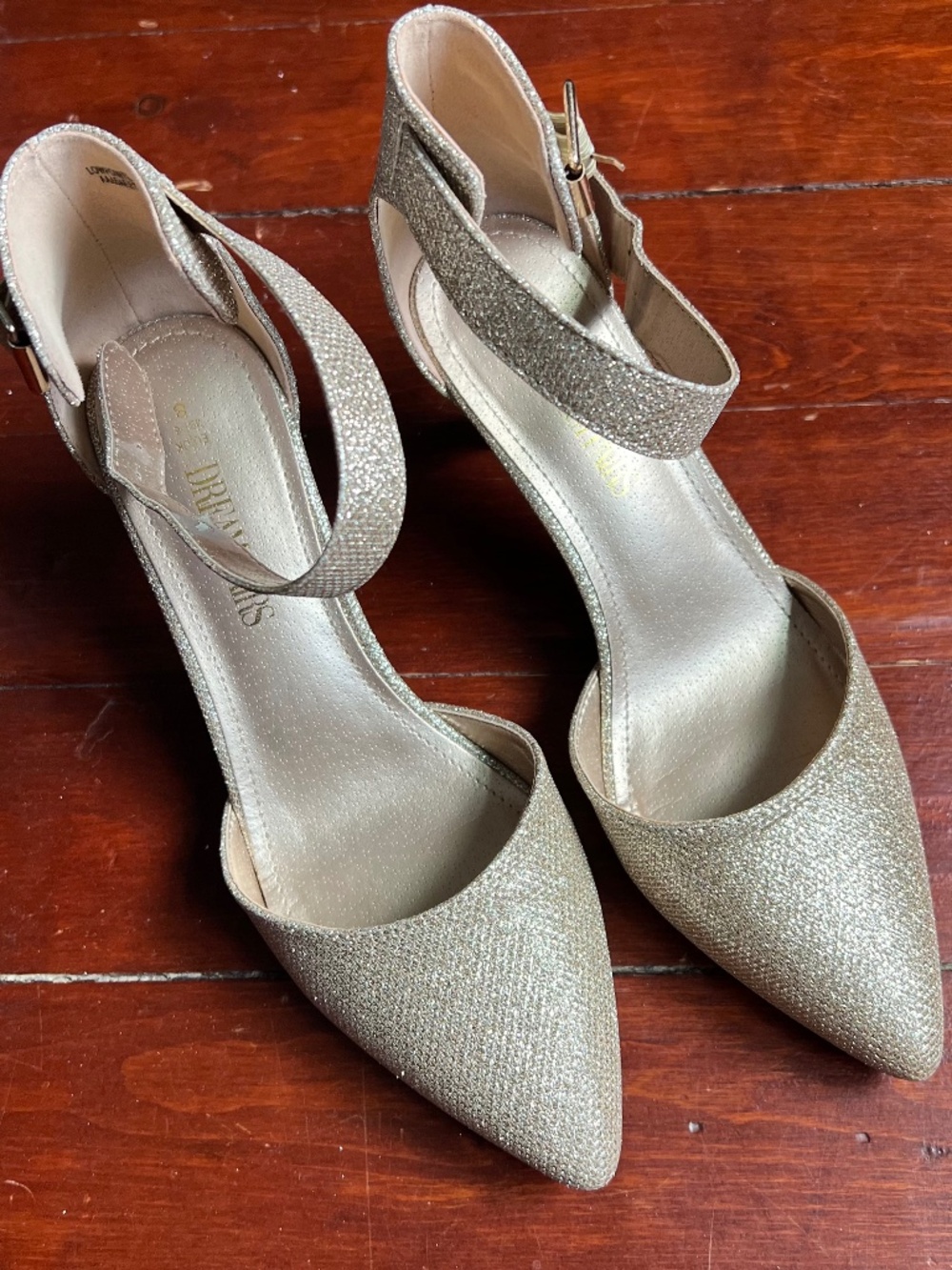 Gold ankle strap heels size 8